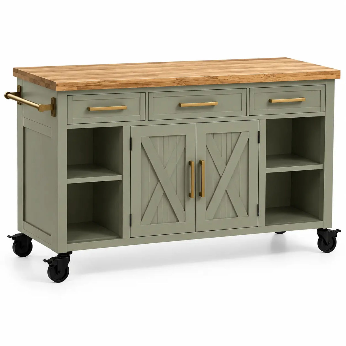 Mueble auxiliar de cocina con ruedas con detalles cruzados y estantes, verde y marrón