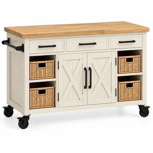 Mueble auxiliar de cocina con ruedas con detalles cruzados y estantes, blanco y marrón
