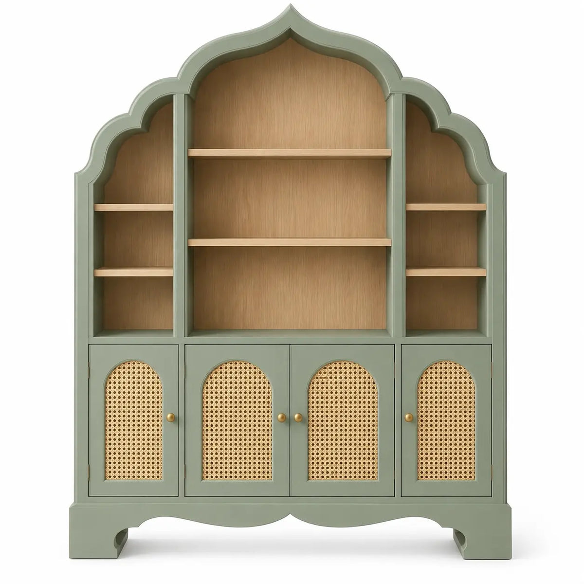 Estantería con almacenamiento con formas arqueadas y detalles de entramado, verde y marrón
