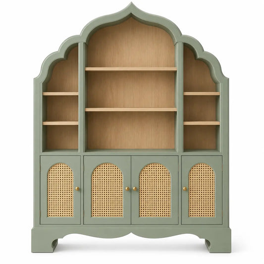 Estantería con almacenamiento con formas arqueadas y detalles de entramado, verde y marrón
