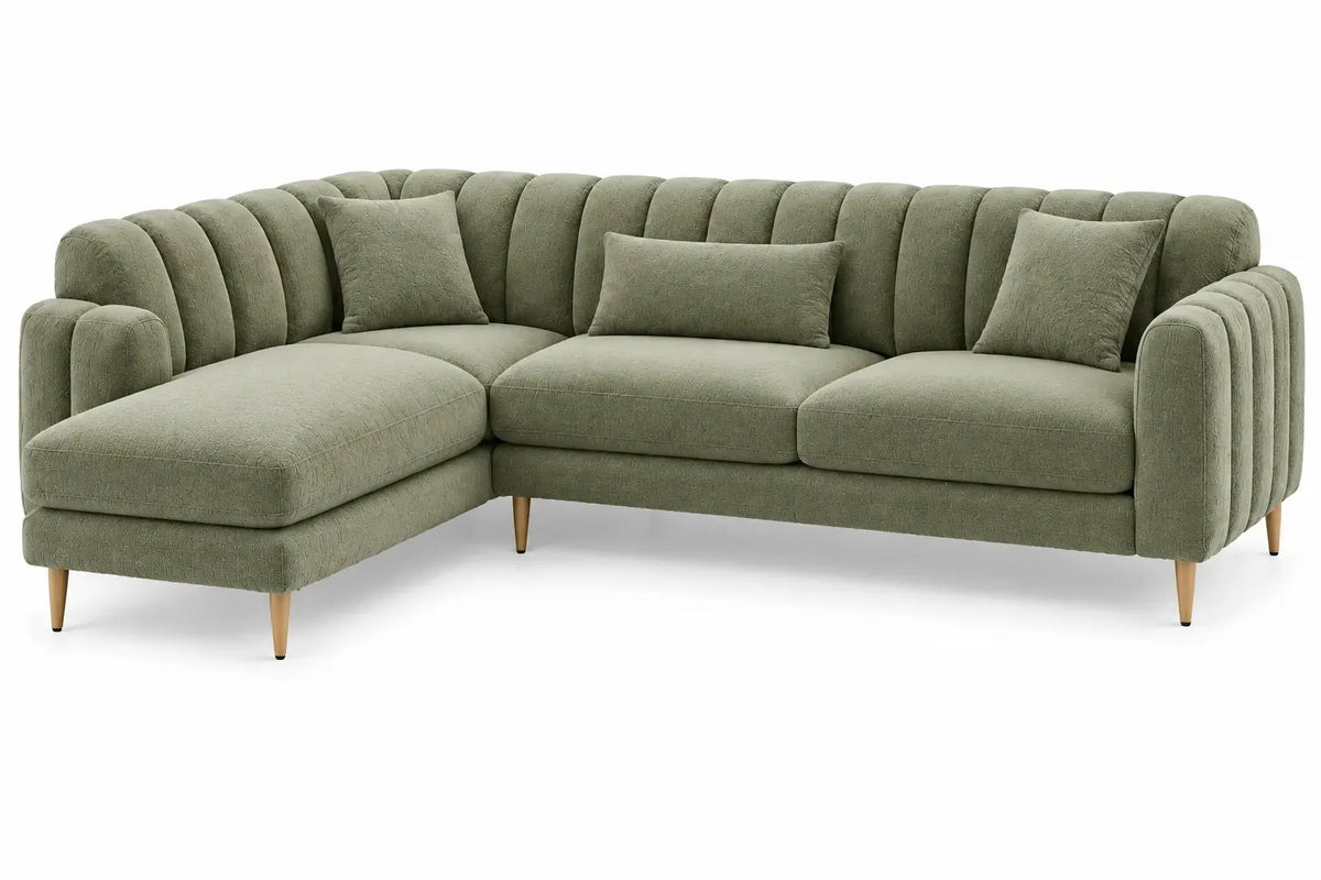 Sofá esquinero tapizado con acolchado acanalado, verde y marrón
