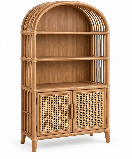 Estantería con almacenamiento con formas arqueadas y detalles de entramado, marrón