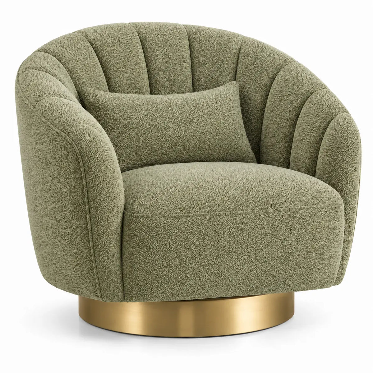 Sillón tapizado de líneas curvas con acolchado acanalado, verde y dorado