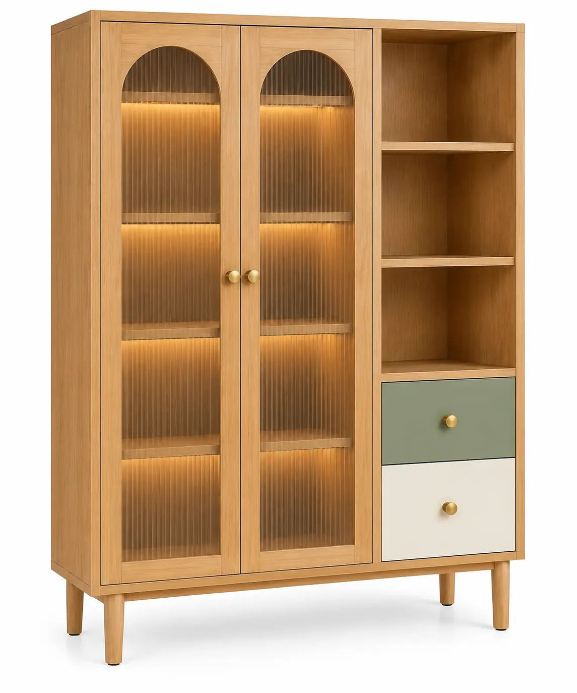 Armario de almacenamiento con formas arqueadas y puertas acristaladas, marrón, blanco y verde