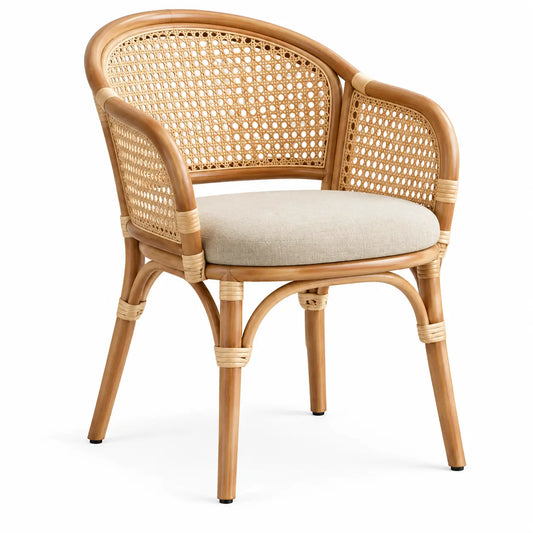 Silla con respaldo con detalles de entramado, beige y marrón