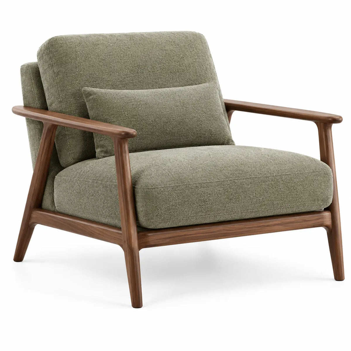 Sillón con estructura abierta con patas elevadas, verde y marrón