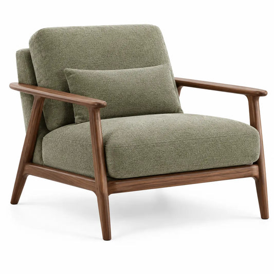 Sillón con estructura abierta con patas elevadas, verde y marrón