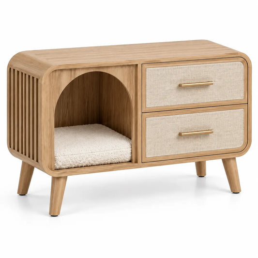 Mueble refugio para mascotas con formas arqueadas y cajones, marrón y blanco