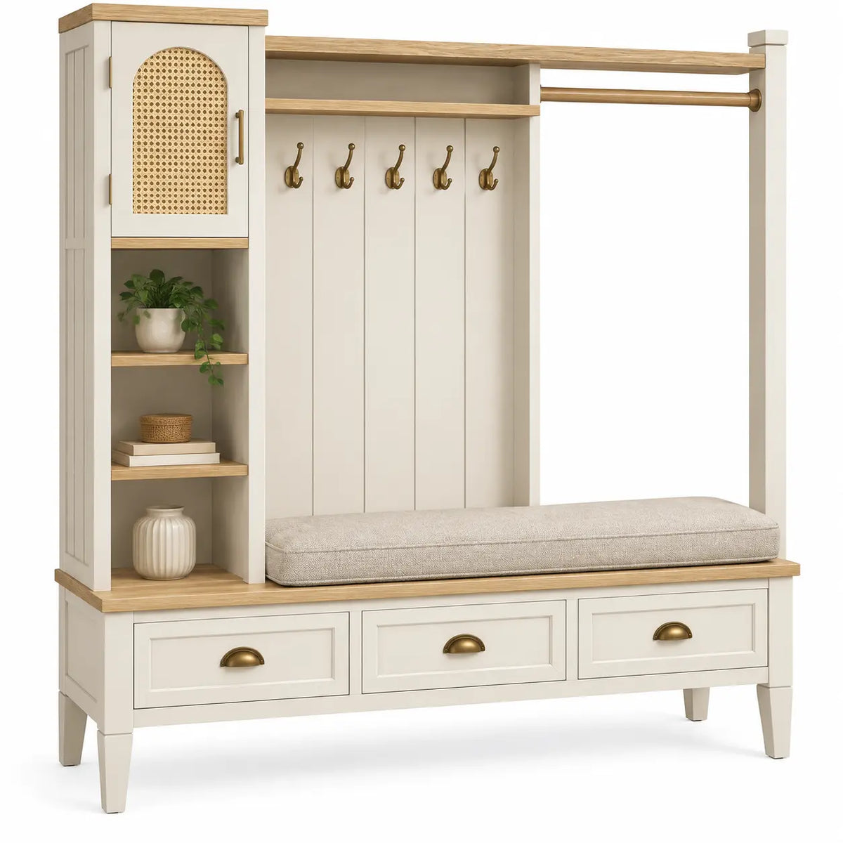 Mueble de recibidor con detalles de entramado y estantes, blanco y marrón
