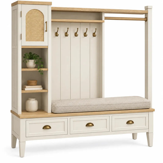 Mueble de recibidor con detalles de entramado y estantes, blanco y marrón