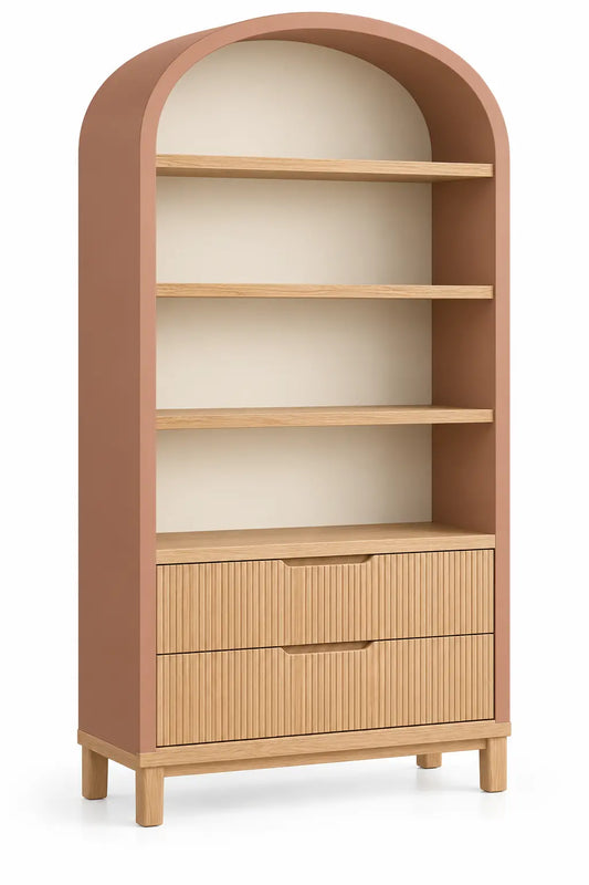 Estantería con almacenamiento con formas arqueadas y cajones, marrón y terracota