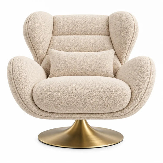 Sillón tapizado de líneas curvas con respaldo alto, beige y dorado