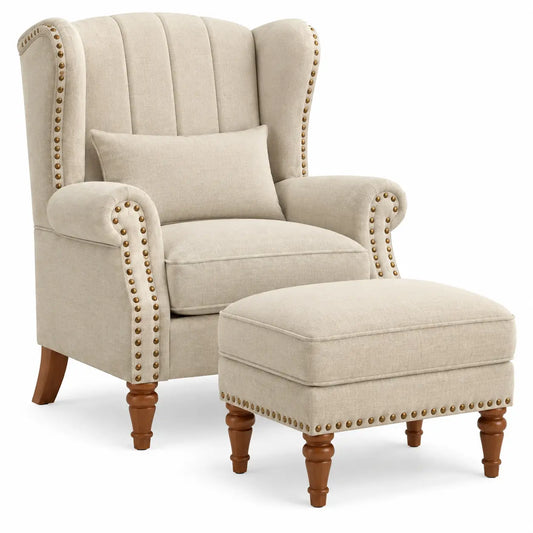 Sillón con reposapiés con acolchado acanalado y respaldo alto, beige y marrón